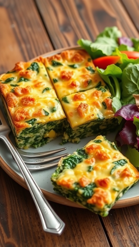 Savory spinach and egg casserole sliced into squares, served on a wooden table with salad.